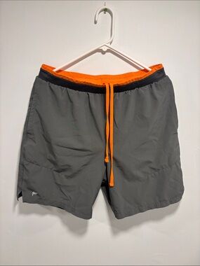 Gray and Orange Fabletics compression shorts
